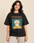 Pythagoras Genius Doodles oversized French terry T-shirt by Fourth Dimension Club, front view on model