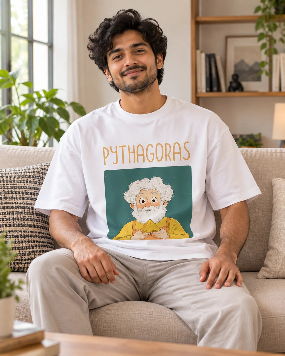 Model wearing the Pythagoras Genius Doodles oversized French terry T-shirt by Fourth Dimension Club, seated on a sofa