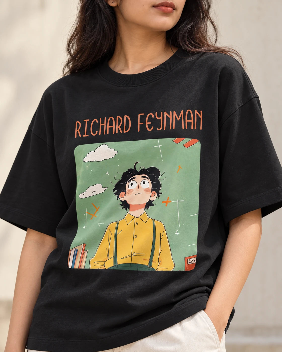 Close-up of the Richard Feynman Genius Doodles print on an oversized French terry T-shirt