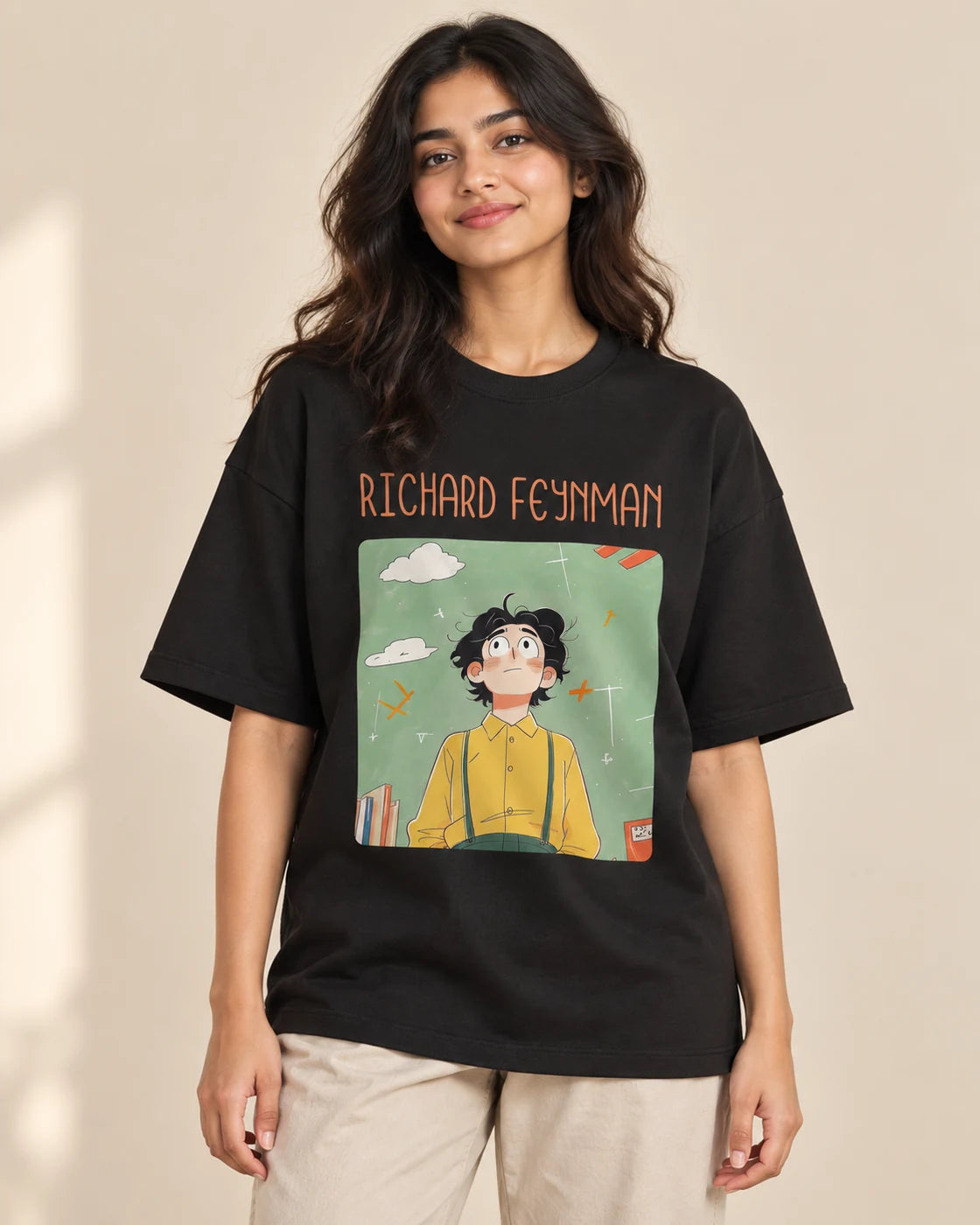 Richard Feynman Genius Doodles oversized French terry T-shirt by Fourth Dimension Club, front view on model