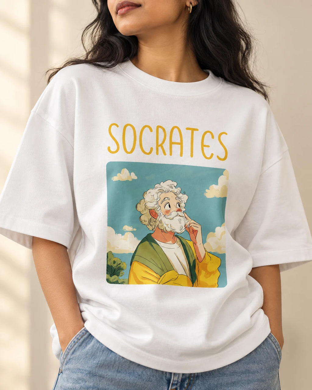 Close-up of the Socrates Genius Doodles print on an oversized French terry T-shirt
