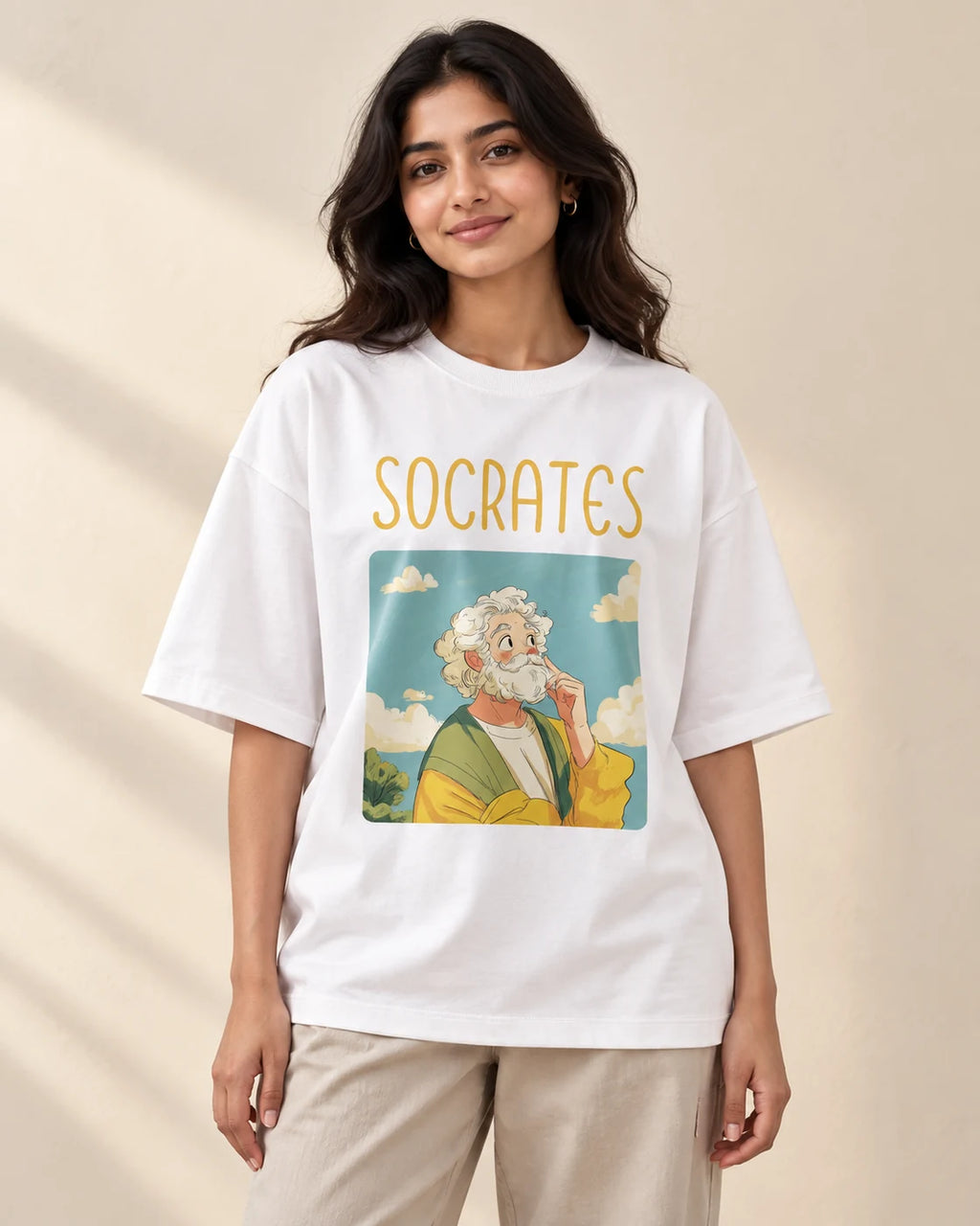 Socrates Genius Doodles oversized French terry T-shirt by Fourth Dimension Club, front view on model