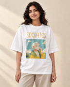 Socrates Genius Doodles oversized French terry T-shirt by Fourth Dimension Club, front view on model