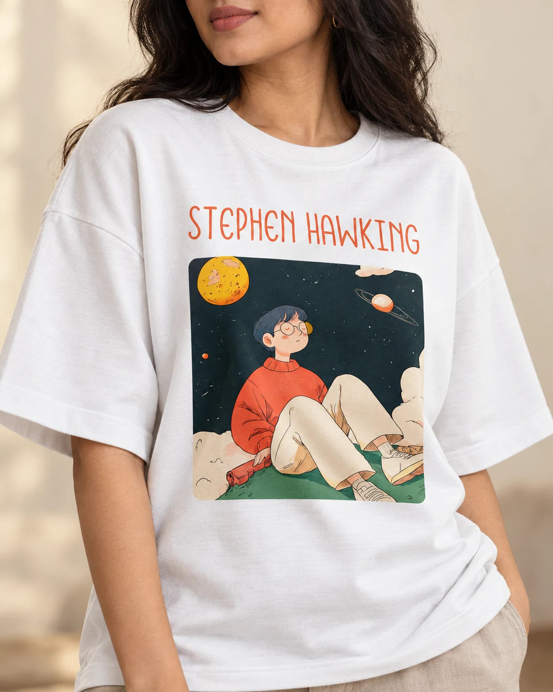 Close-up of the Stephen Hawking Genius Doodles print on an oversized French terry T-shirt