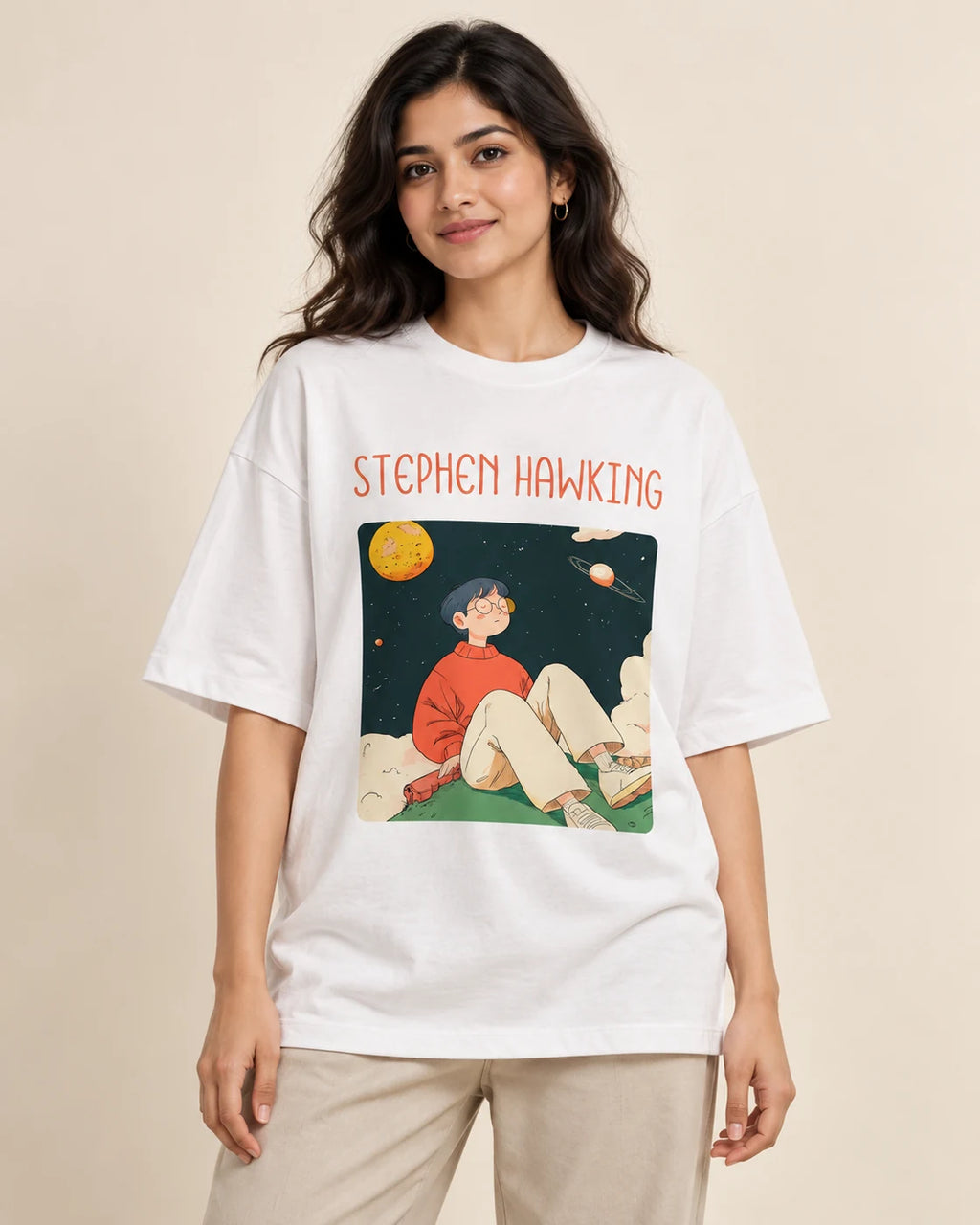 Stephen Hawking Genius Doodles oversized French terry T-shirt by Fourth Dimension Club, front view on model
