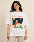 Stephen Hawking Genius Doodles oversized French terry T-shirt by Fourth Dimension Club, front view on model