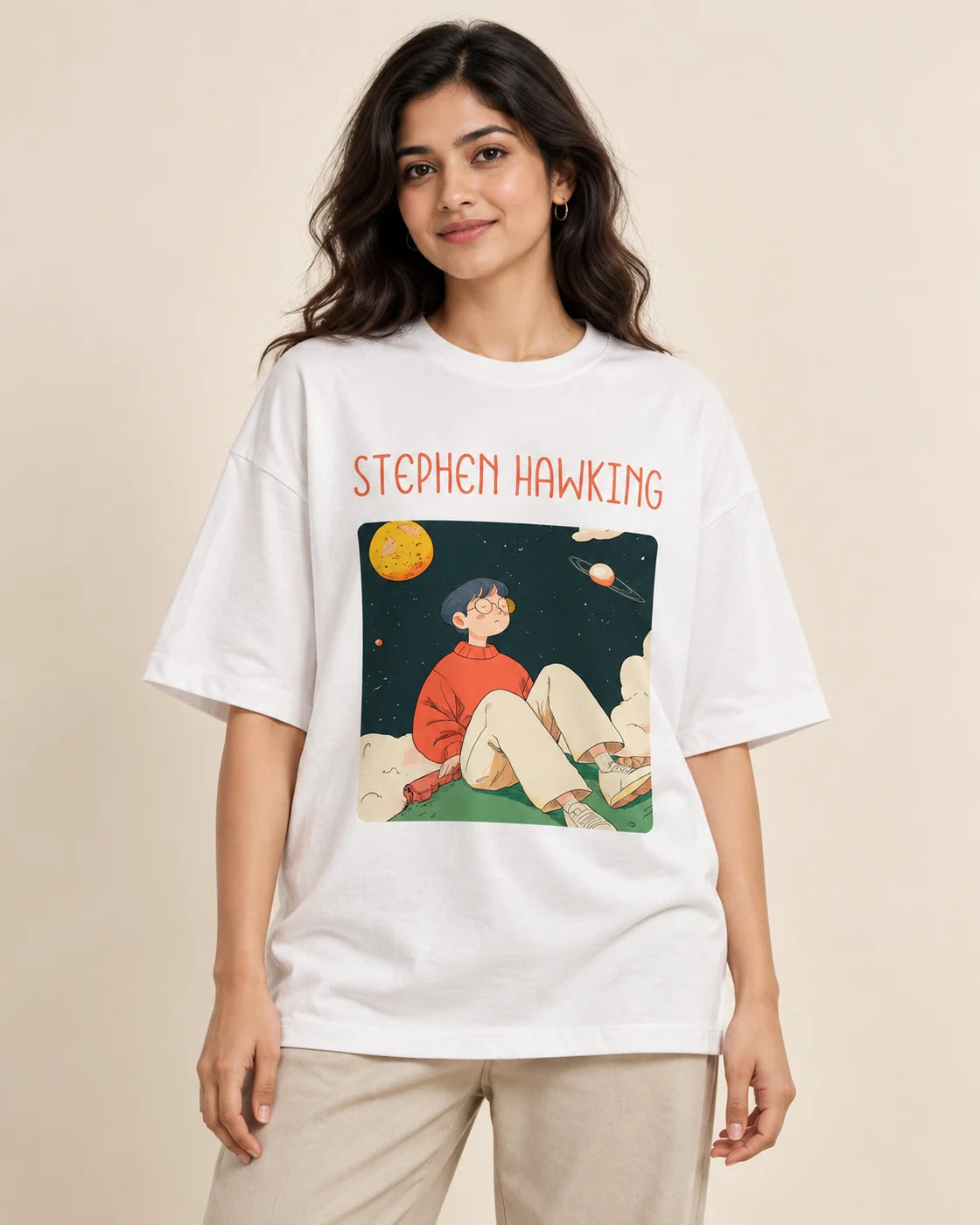 Stephen Hawking Genius Doodles oversized French terry T-shirt by Fourth Dimension Club, front view on model