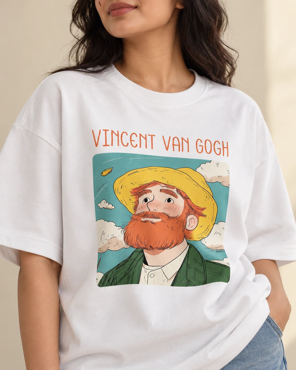Close-up of the Vincent van Gogh Genius Doodles print on an oversized French terry T-shirt