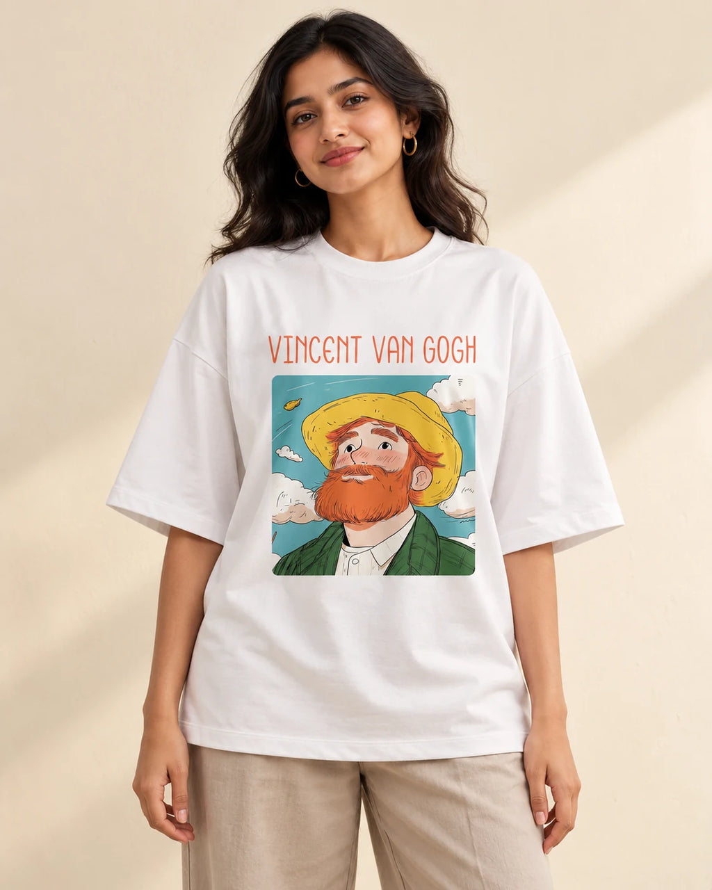 Vincent van Gogh Genius Doodles oversized French terry T-shirt by Fourth Dimension Club, front view on model