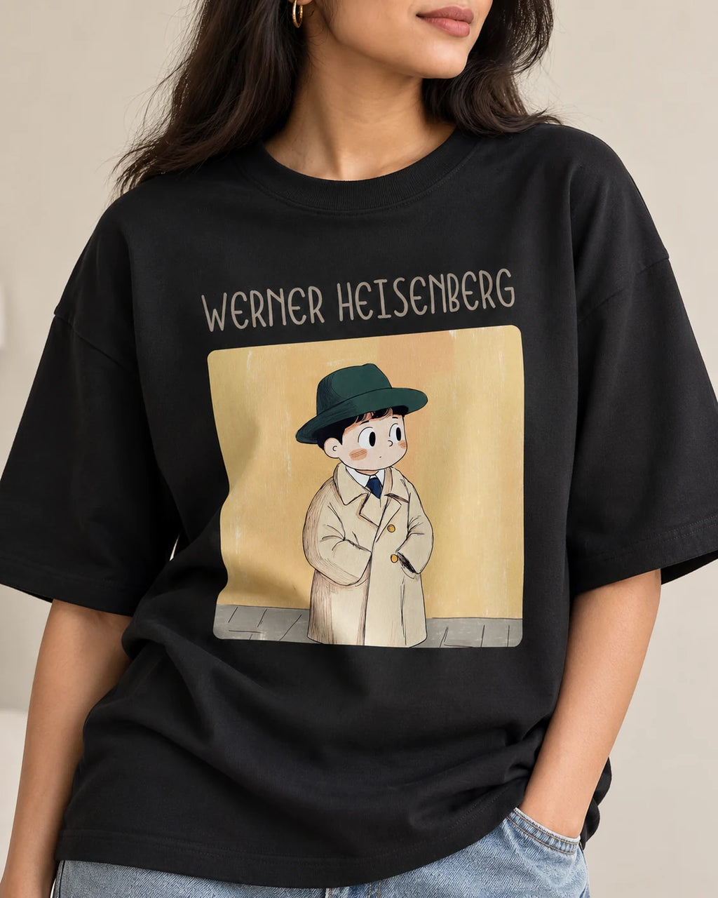 Close-up of the Werner Heisenberg Genius Doodles print on an oversized French terry T-shirt