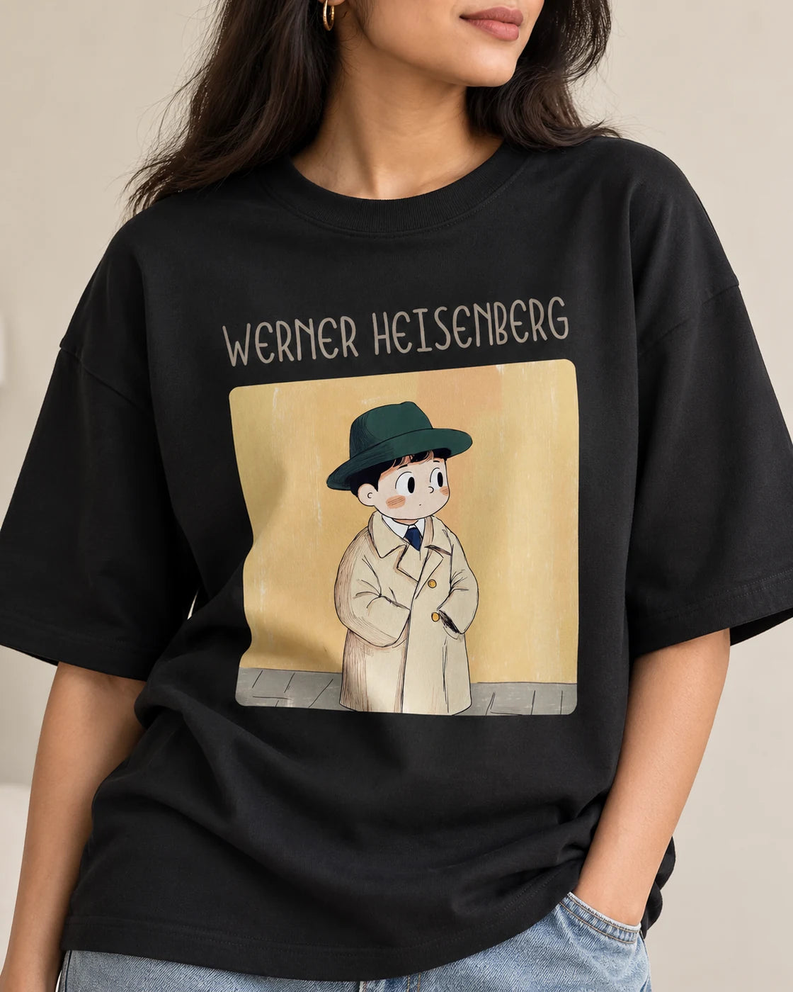 Close-up of the Werner Heisenberg Genius Doodles print on an oversized French terry T-shirt