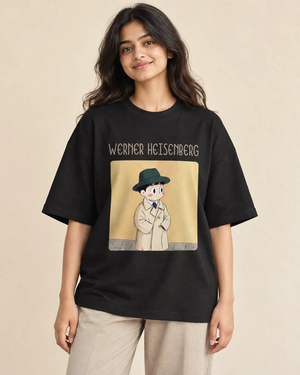 Werner Heisenberg Genius Doodles oversized French terry T-shirt by Fourth Dimension Club, front view on model