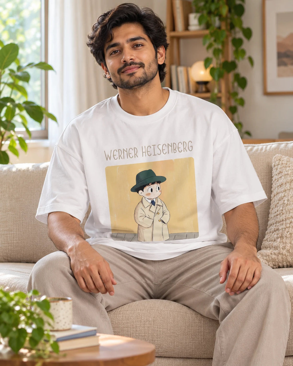 Model wearing the Werner Heisenberg Genius Doodles oversized French terry T-shirt by Fourth Dimension Club, seated on a sofa