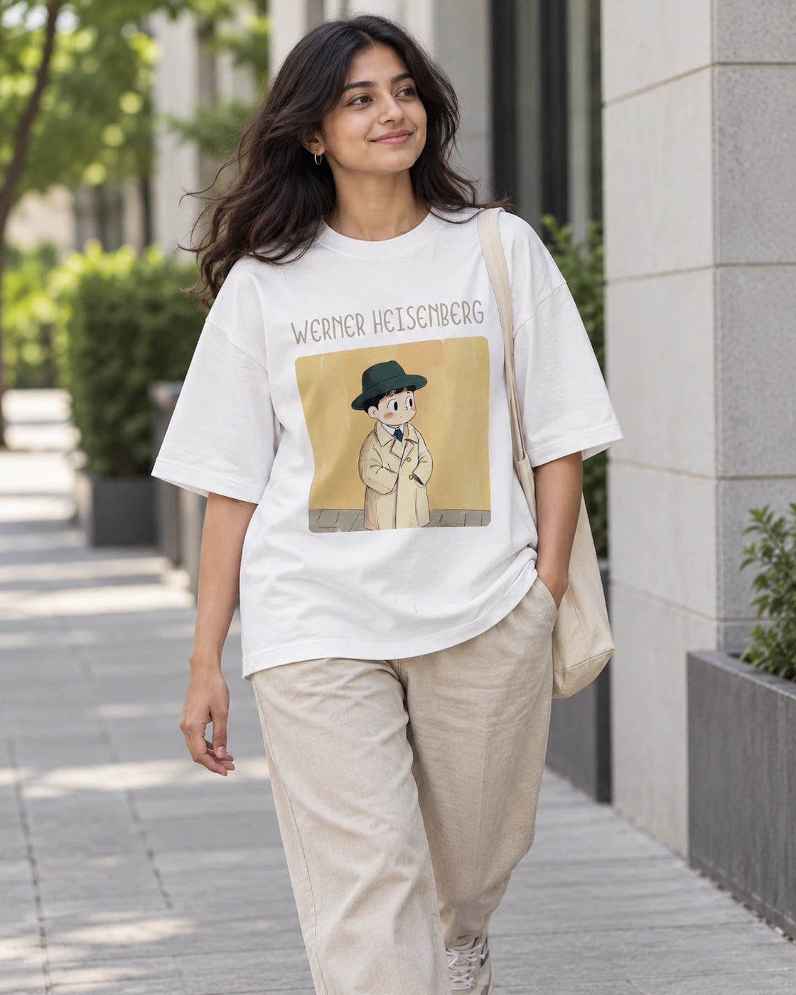 Model wearing the Werner Heisenberg Genius Doodles oversized French terry T-shirt by Fourth Dimension Club on a city street