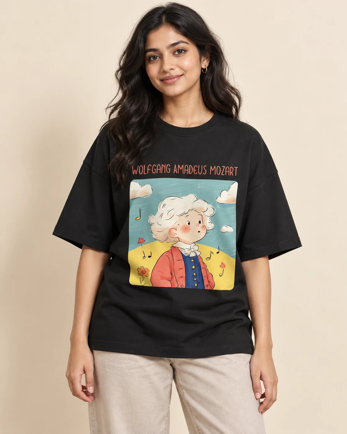 Wolfgang Amadeus Mozart Genius Doodles oversized French terry T-shirt by Fourth Dimension Club, front view on model