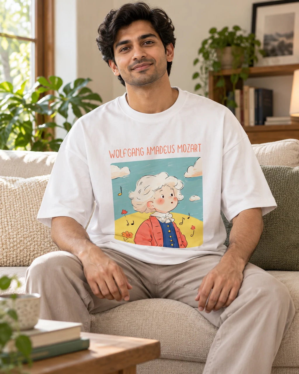 Model wearing the Wolfgang Amadeus Mozart Genius Doodles oversized French terry T-shirt by Fourth Dimension Club, seated on a sofa