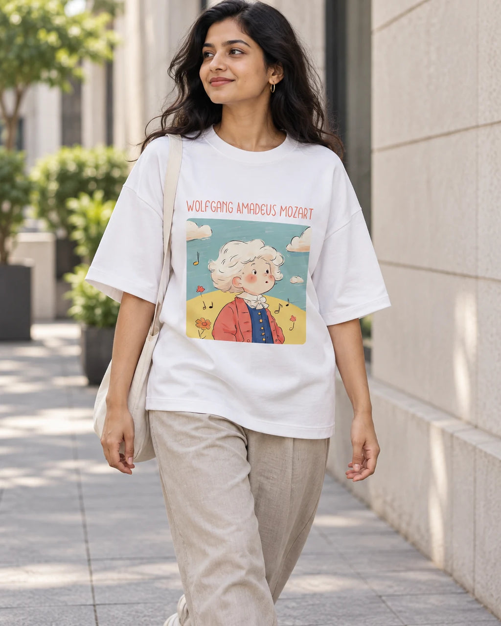Model wearing the Wolfgang Amadeus Mozart Genius Doodles oversized French terry T-shirt by Fourth Dimension Club on a city street