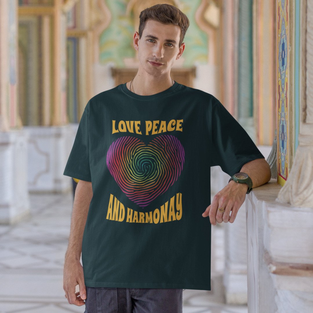 Love, Peace & Harmony Unisex Oversized T-Shirt — Petrol Blue