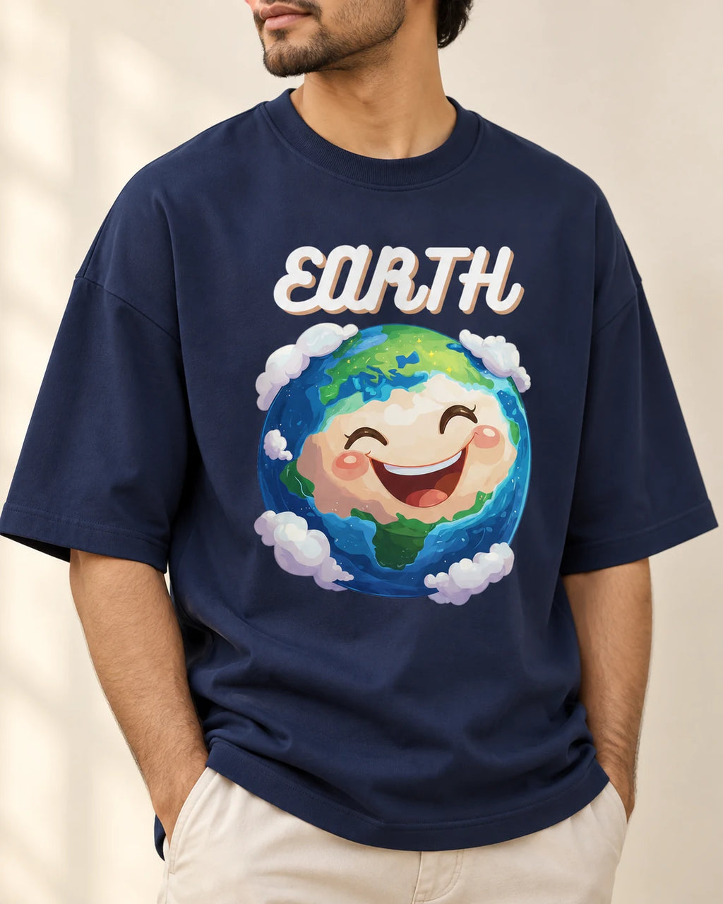 Close-up of the Earth Stellar Squad print on a navy blue oversized French terry T-shirt, Fourth Dimension Club
