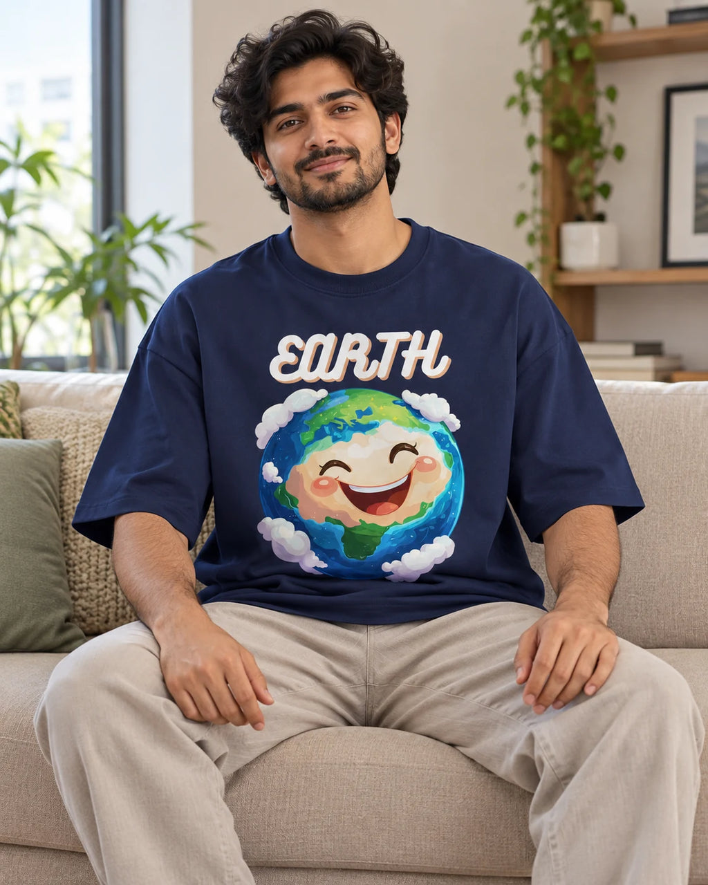 Model wearing the Earth Stellar Squad oversized French terry T-shirt in navy blue by Fourth Dimension Club, seated on a sofa