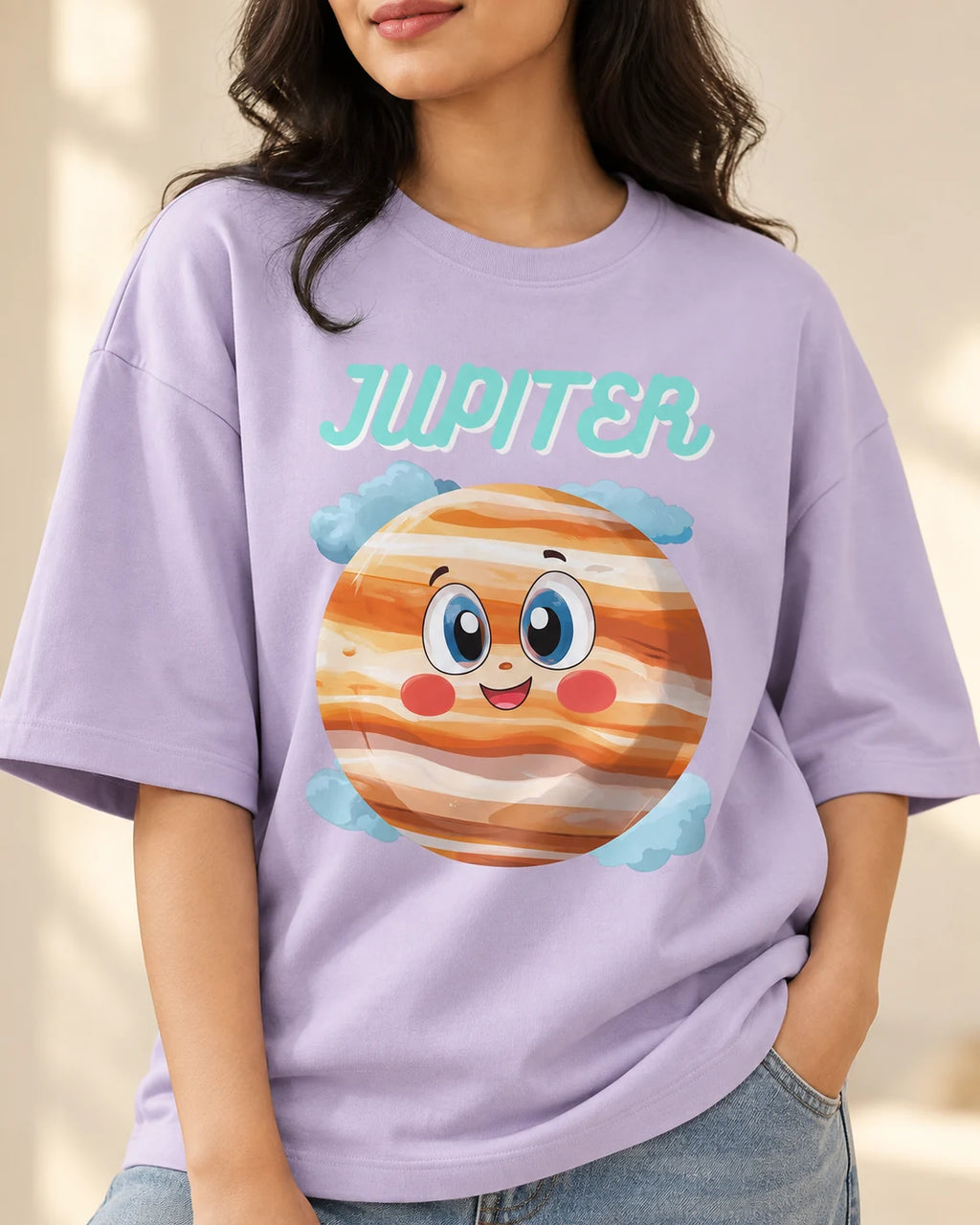 Close-up of the Jupiter Stellar Squad print on a lavender oversized French terry T-shirt, Fourth Dimension Club