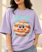 Close-up of the Jupiter Stellar Squad print on a lavender oversized French terry T-shirt, Fourth Dimension Club