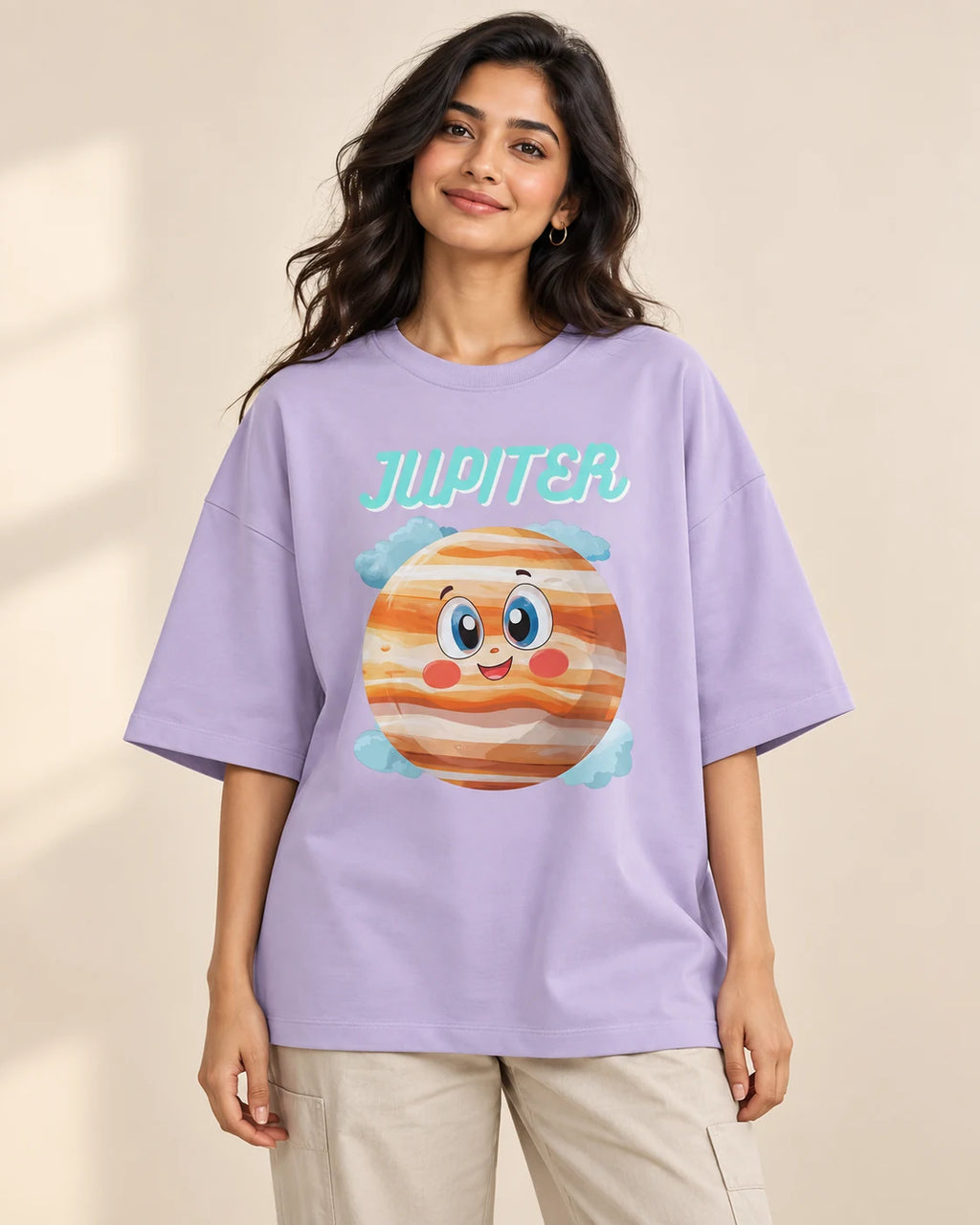 Jupiter Stellar Squad oversized French terry T-shirt in lavender by Fourth Dimension Club, front view on model