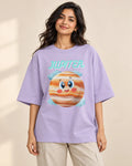 Jupiter Stellar Squad oversized French terry T-shirt in lavender by Fourth Dimension Club, front view on model