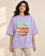 Jupiter Stellar Squad oversized French terry T-shirt in lavender by Fourth Dimension Club, front view on model