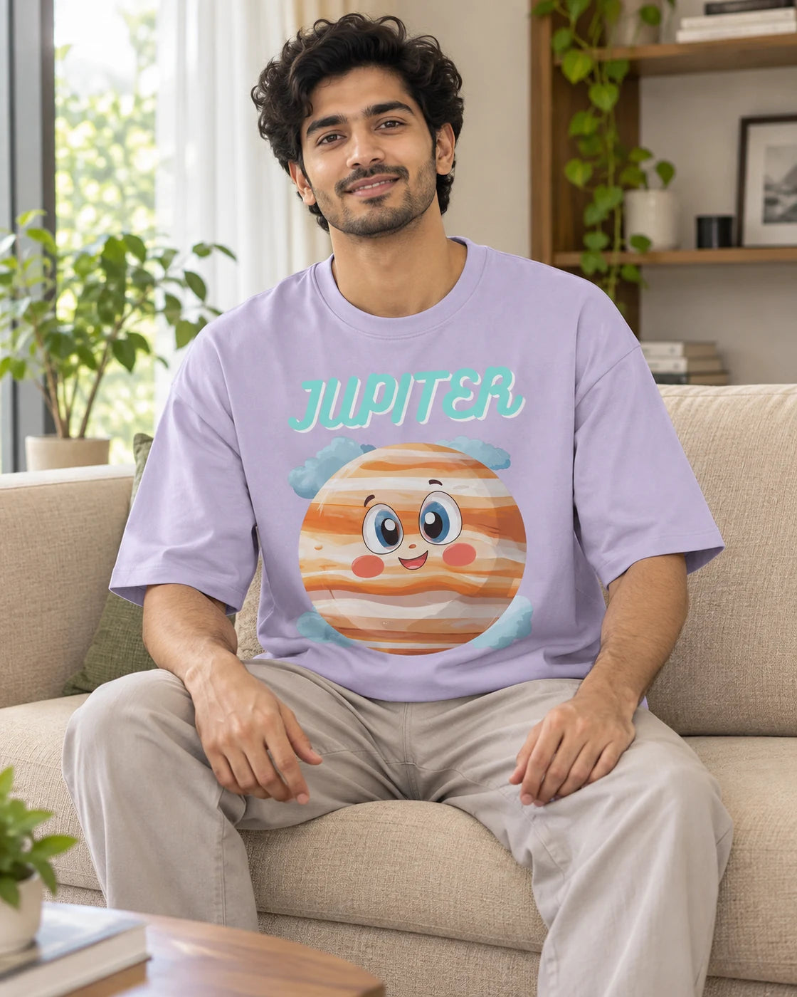 Model wearing the Jupiter Stellar Squad oversized French terry T-shirt in lavender by Fourth Dimension Club, seated on a sofa