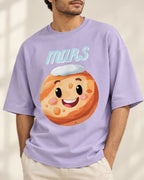 Close-up of the Mars Stellar Squad print on a lavender oversized French terry T-shirt, Fourth Dimension Club