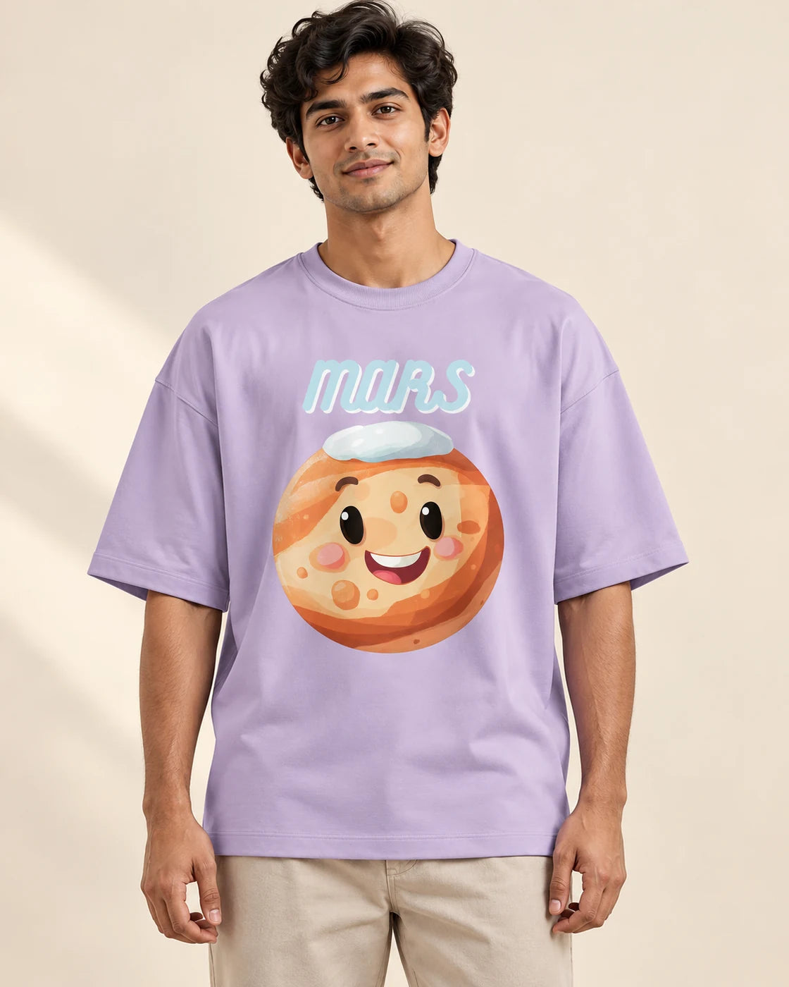 Mars Stellar Squad oversized French terry T-shirt in lavender by Fourth Dimension Club, front view on model
