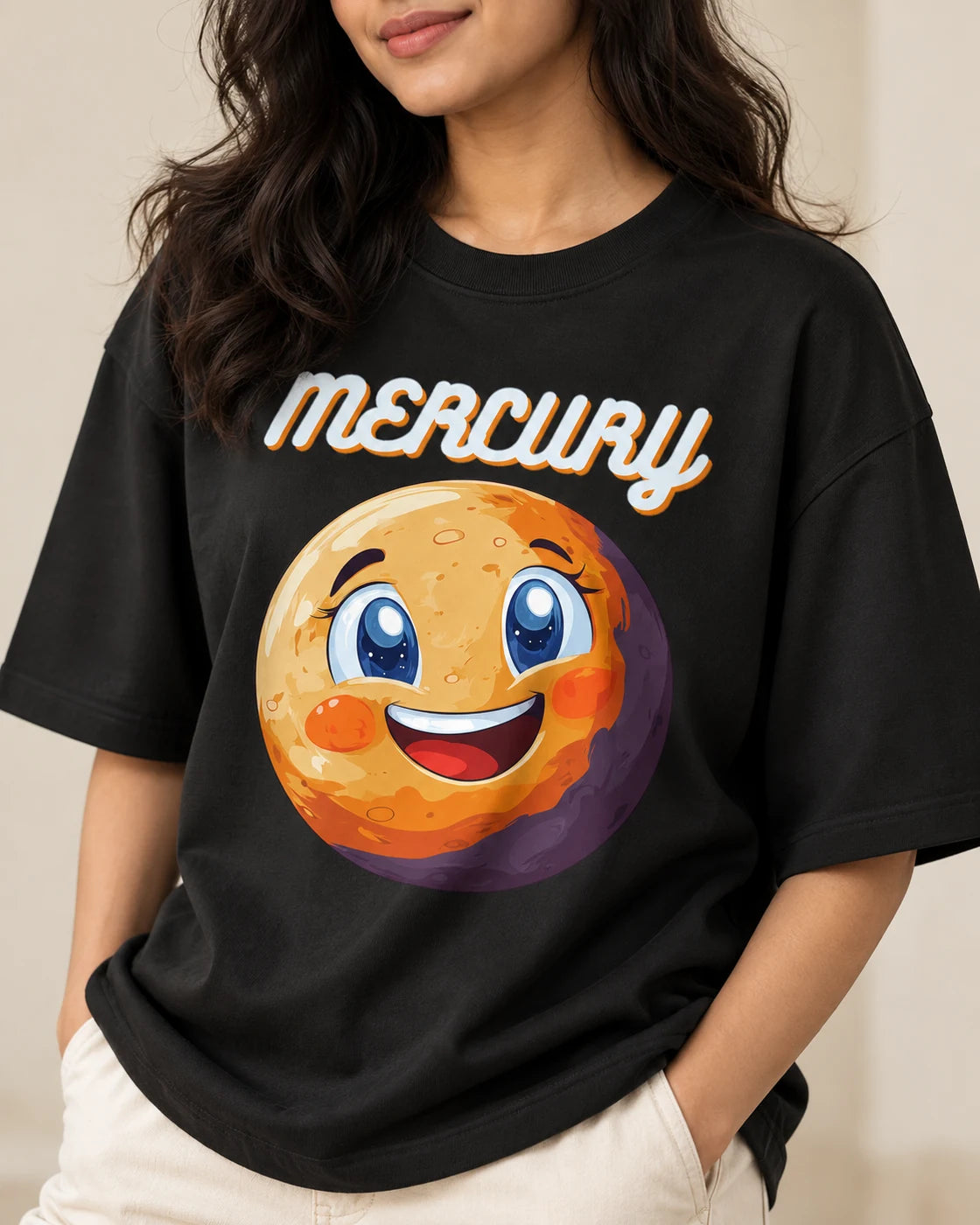 Close-up of the Mercury Stellar Squad print on a black oversized French terry T-shirt, Fourth Dimension Club
