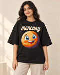 Mercury Stellar Squad oversized French terry T-shirt in black by Fourth Dimension Club, front view on model