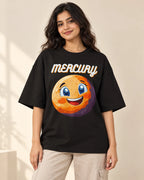 Mercury Stellar Squad oversized French terry T-shirt in black by Fourth Dimension Club, front view on model