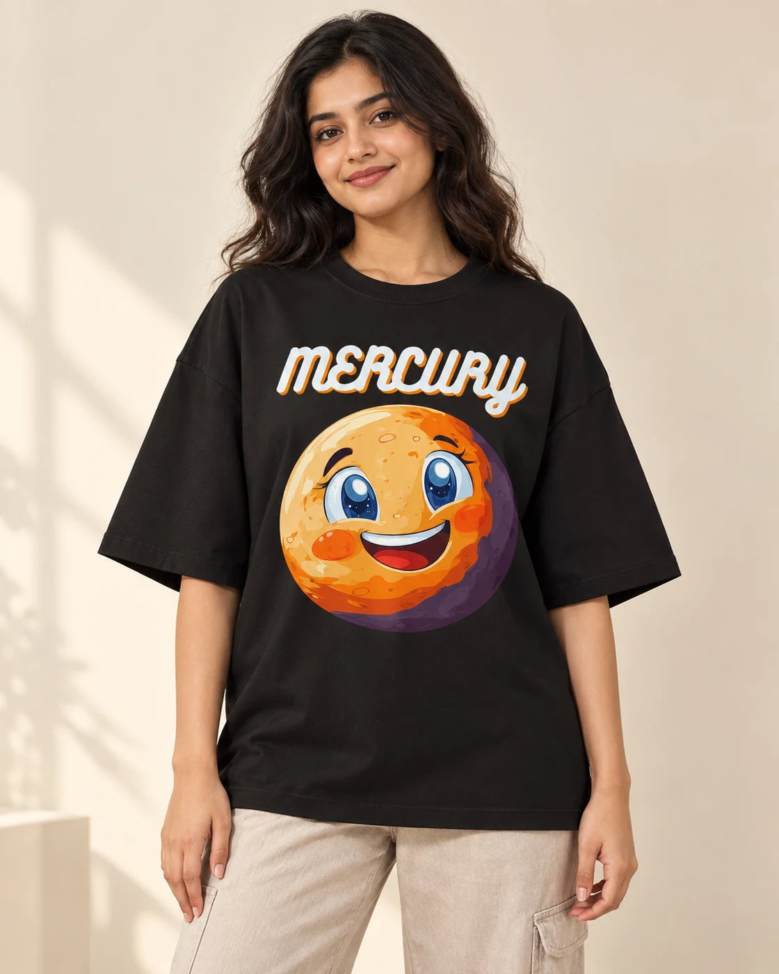 Mercury Stellar Squad oversized French terry T-shirt in black by Fourth Dimension Club, front view on model