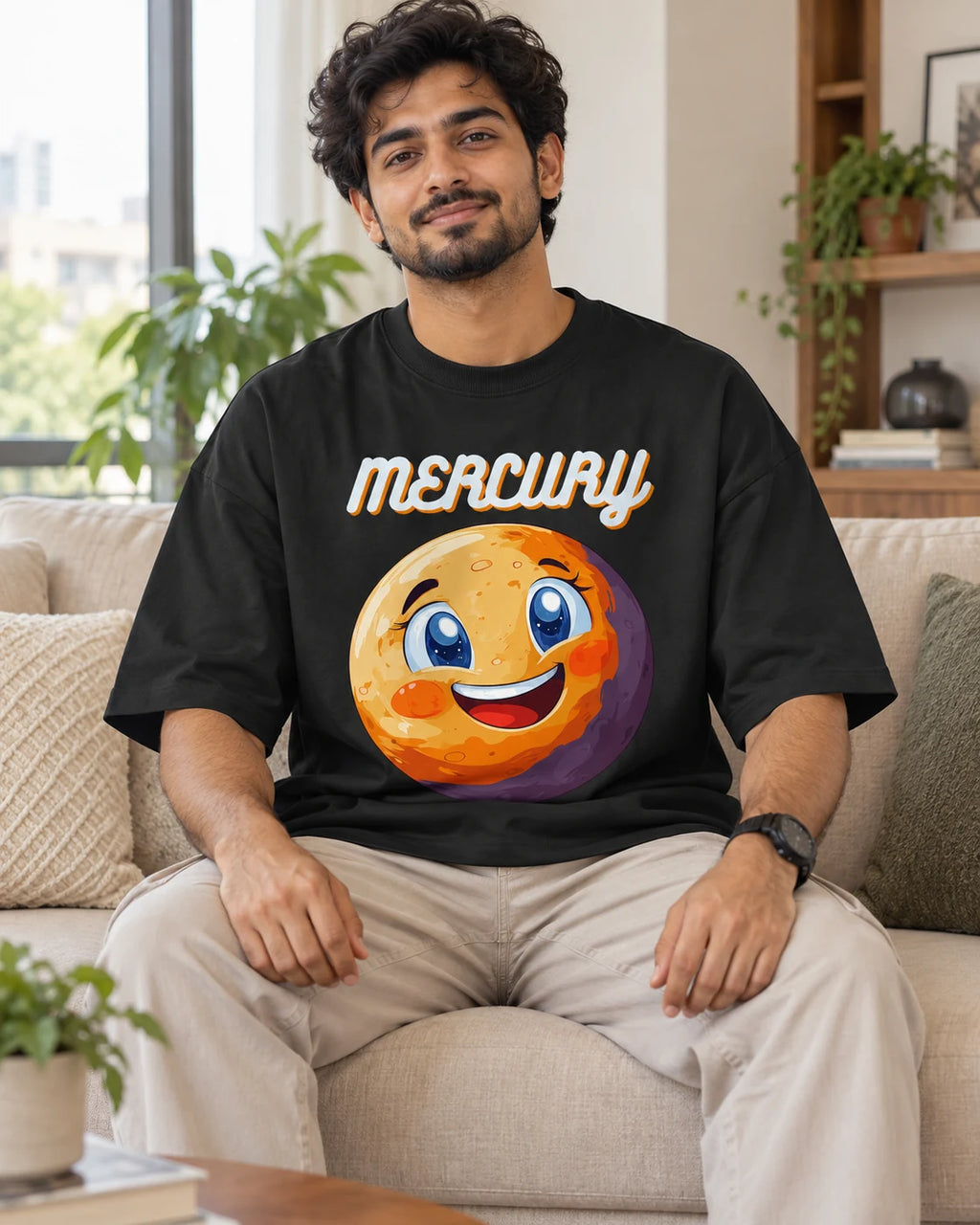 Model wearing the Mercury Stellar Squad oversized French terry T-shirt in black by Fourth Dimension Club, seated on a sofa