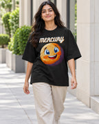 Model wearing the Mercury Stellar Squad oversized French terry T-shirt in black by Fourth Dimension Club on a city street