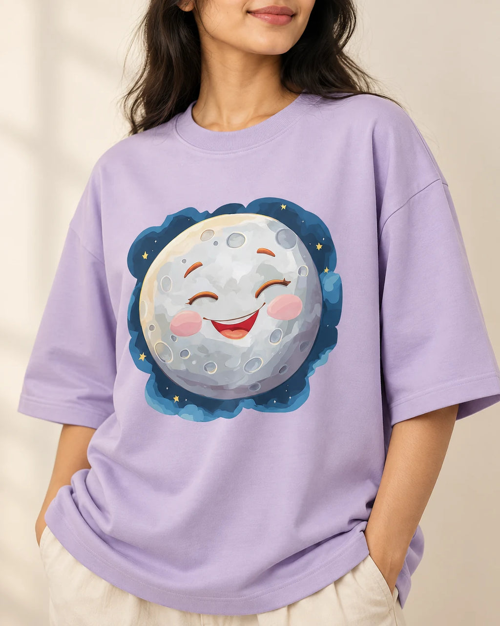 Close-up of the Moon Stellar Squad print on a lavender oversized French terry T-shirt, Fourth Dimension Club