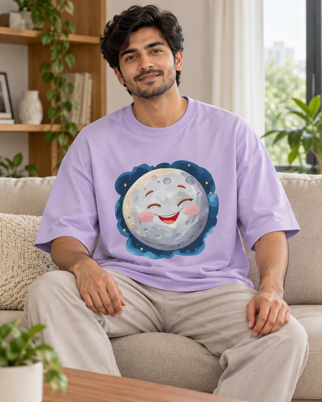 Model wearing the Moon Stellar Squad oversized French terry T-shirt in lavender by Fourth Dimension Club, seated on a sofa