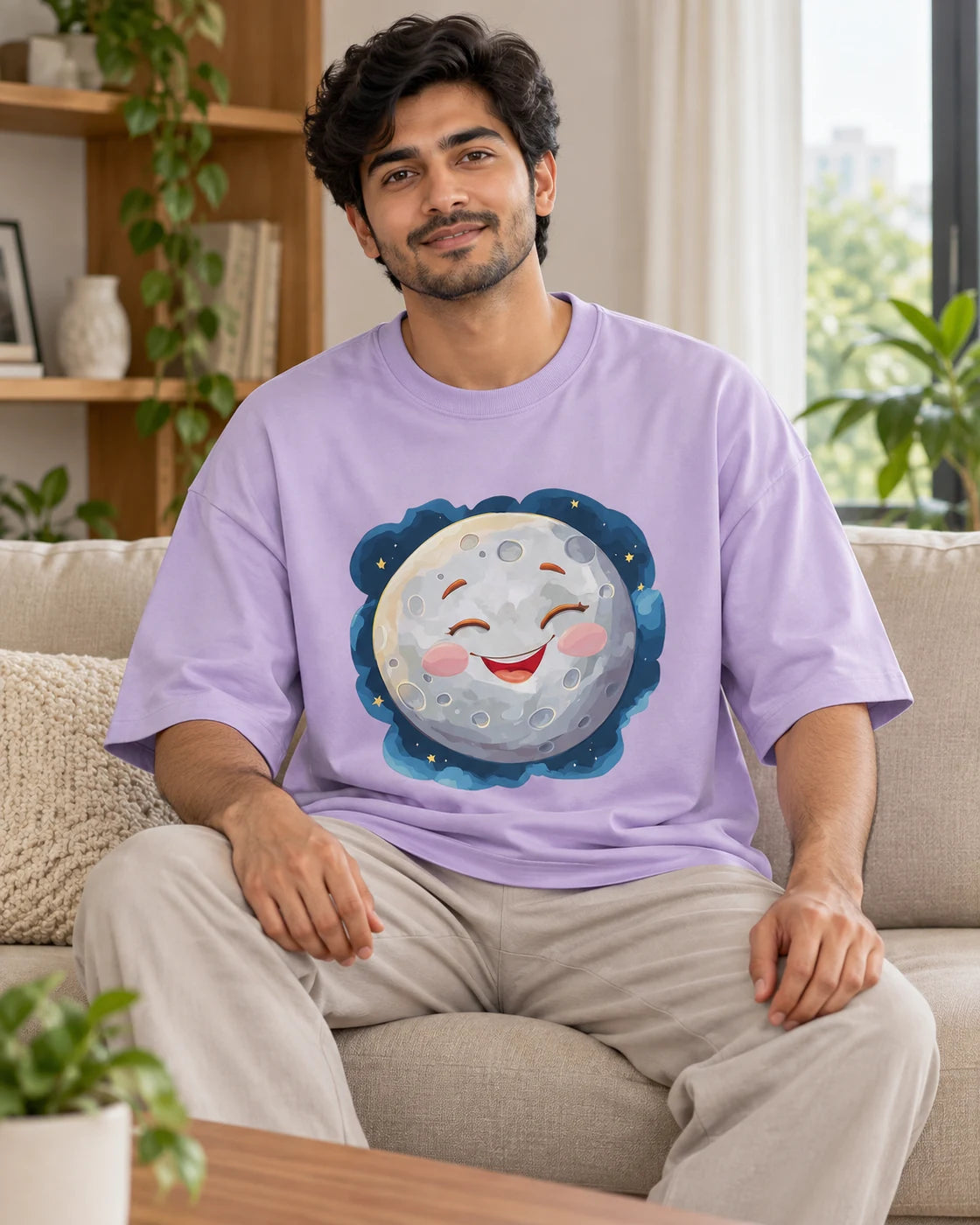 Model wearing the Moon Stellar Squad oversized French terry T-shirt in lavender by Fourth Dimension Club, seated on a sofa
