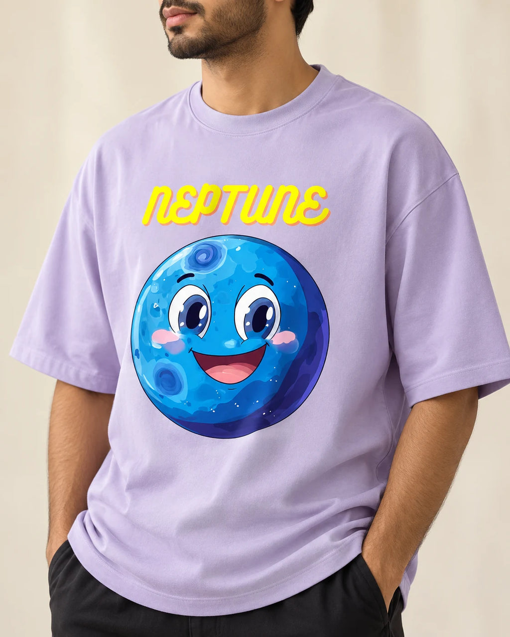 Close-up of the Neptune Stellar Squad print on a lavender oversized French terry T-shirt, Fourth Dimension Club