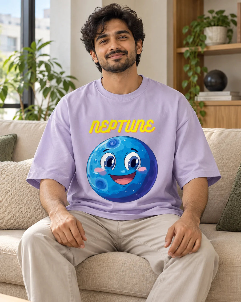 Model wearing the Neptune Stellar Squad oversized French terry T-shirt in lavender by Fourth Dimension Club, seated on a sofa