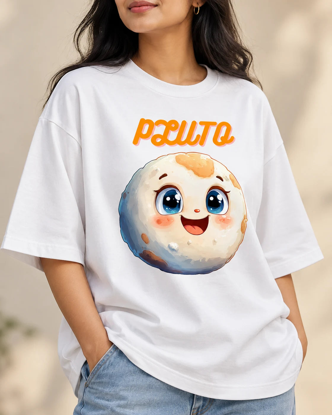 Close-up of the Pluto Stellar Squad print on a white oversized French terry T-shirt, Fourth Dimension Club