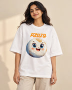 Pluto Stellar Squad oversized French terry T-shirt in white by Fourth Dimension Club, front view on model