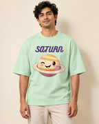 Saturn Stellar Squad oversized French terry T-shirt in jade by Fourth Dimension Club, front view on model