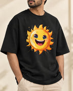 Close-up of the Sun Stellar Squad print on a black oversized French terry T-shirt, Fourth Dimension Club