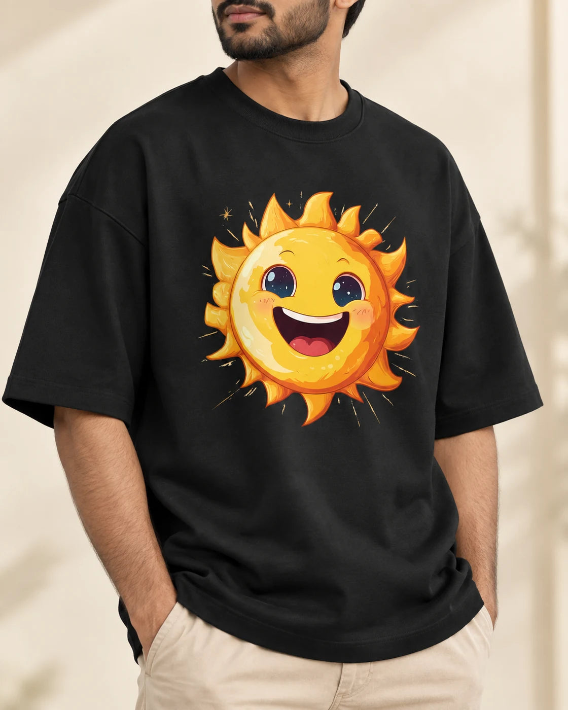 Close-up of the Sun Stellar Squad print on a black oversized French terry T-shirt, Fourth Dimension Club