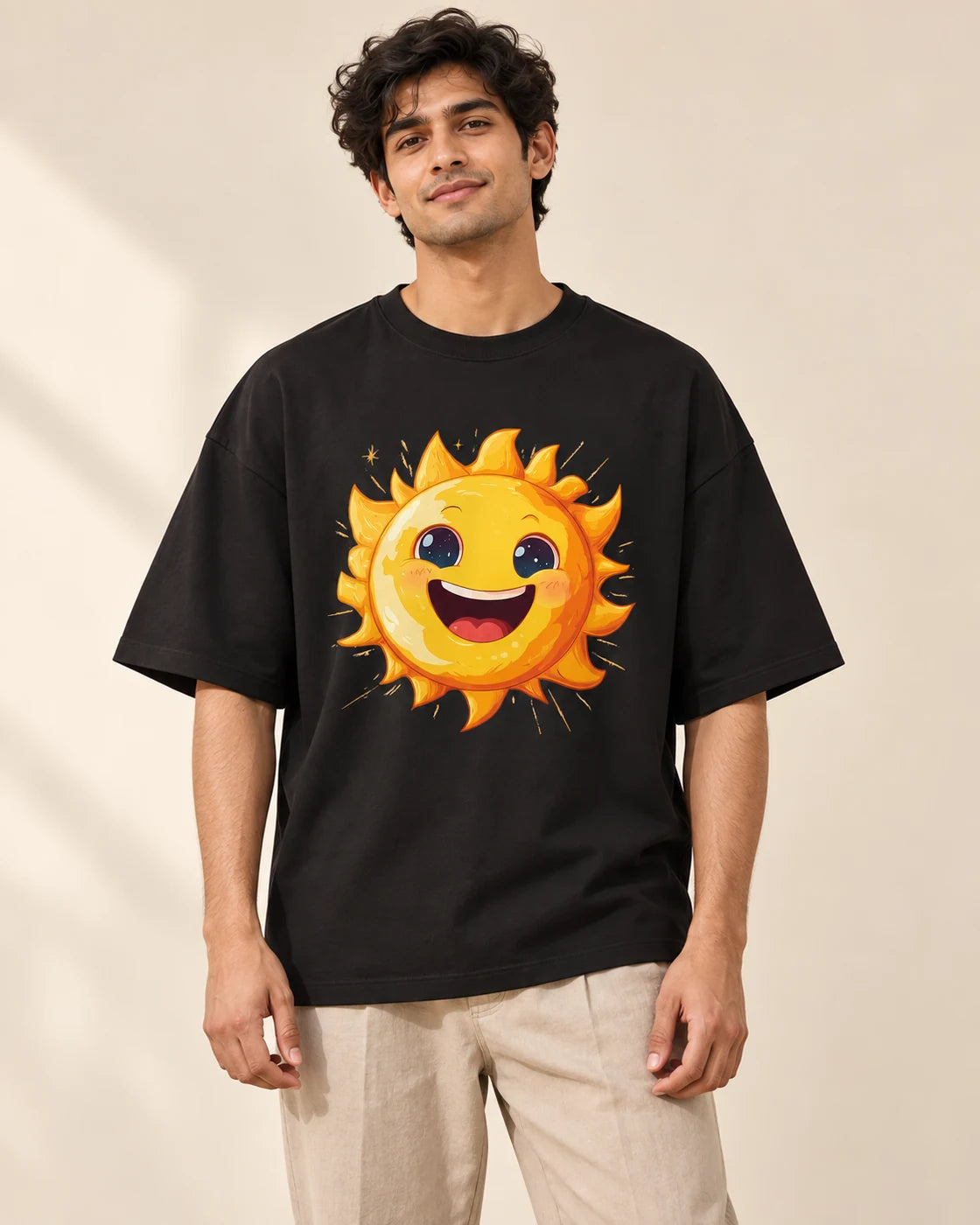 Sun Stellar Squad oversized French terry T-shirt in black by Fourth Dimension Club, front view on model