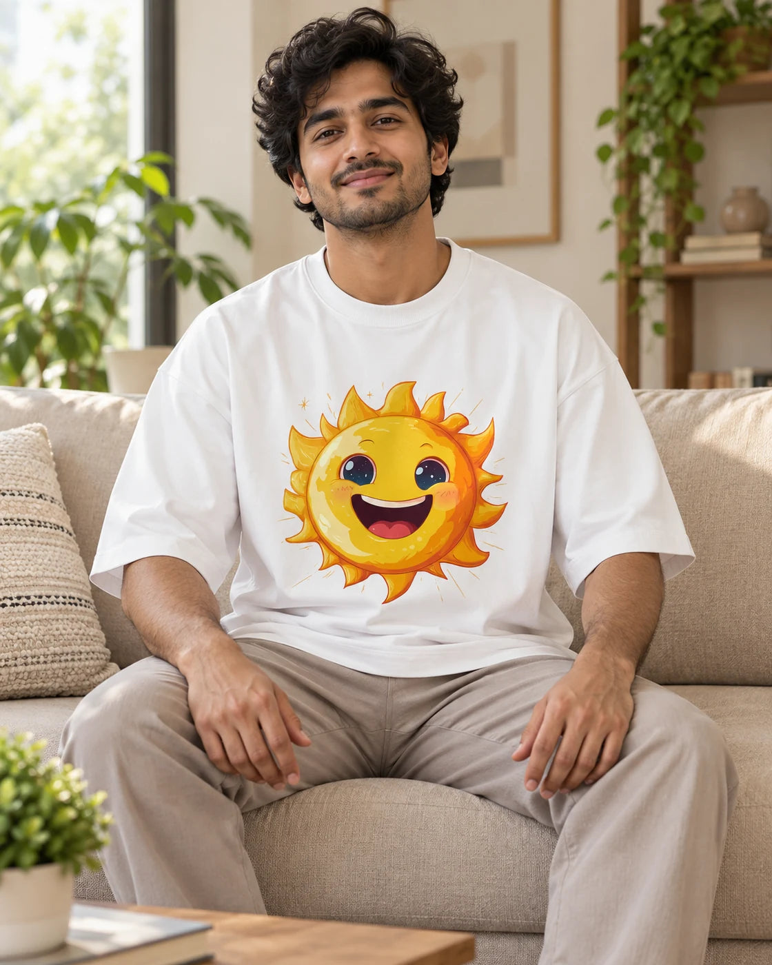 Model wearing the Sun Stellar Squad oversized French terry T-shirt in white by Fourth Dimension Club, seated on a sofa